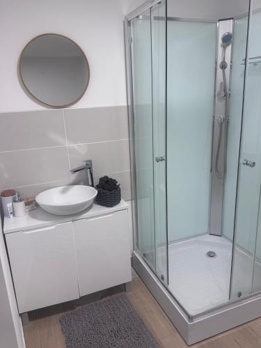 a bathroom with a glass shower and a sink at Fresh Time Apartment in Kecskemét