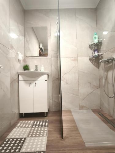 a bathroom with a white sink and a shower at Kraljica Radoinja in Kokin Brod