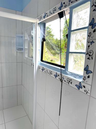 a bathroom with a shower with blue butterflies on the wall at Loft com vista Panoramica in Paraty