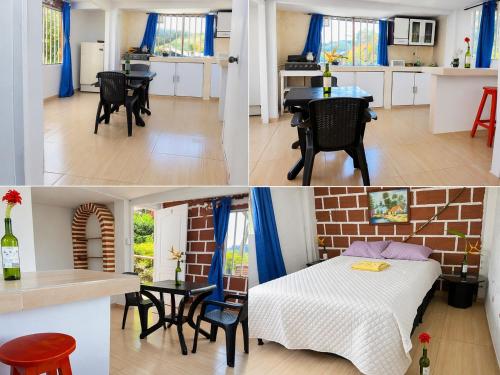 a collage of photos of a kitchen and a room at ECOHostal Las Hamacas el colibrí in Villamaría