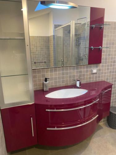 a bathroom with a red sink and a mirror at Casa Lalli in Longarone