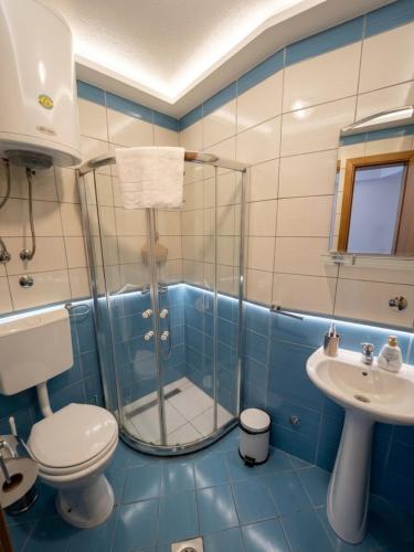 a bathroom with a shower and a toilet and a sink at Apartmani Marija in Ohrid