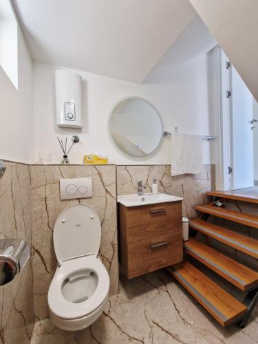 a bathroom with a toilet and a sink and a mirror at Villa Bavaria in Ritopek