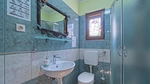a bathroom with a sink and a toilet and a mirror at House Kiki by Villas Guide in Bosiljevo