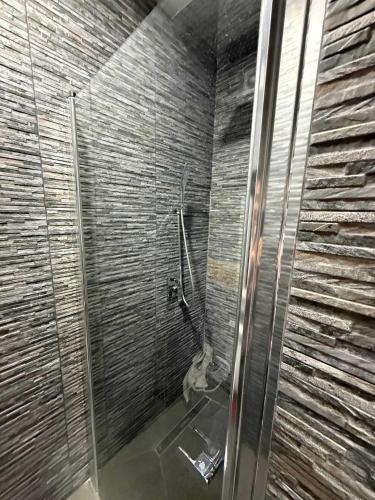 a bathroom with a shower with a toilet at Chirons Rest in Volos