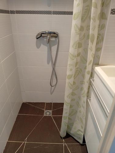 a shower with a shower curtain in a bathroom at Le studio des pins in Plouézec