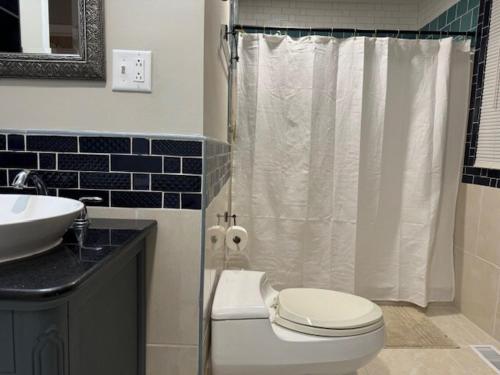 a bathroom with a toilet and a sink at Sunnyside Rental-Entire vacation home 3 Bedroom 2 Bathrooms 1 Kitchen in McHenry