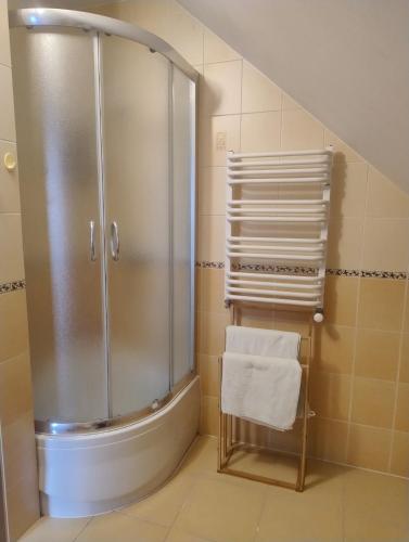 a bathroom with a shower and a towel rack at Ostoja Jaczno in Smolniki