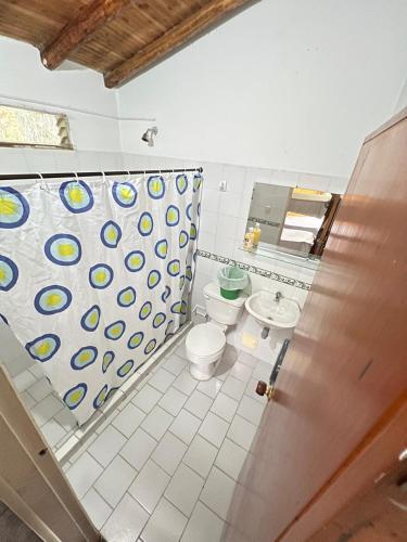 a bathroom with two toilets and a mirror at Alegría Lodge in Curití