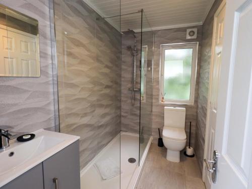 a bathroom with a toilet and a glass shower at Evermore Lodge in Windermere