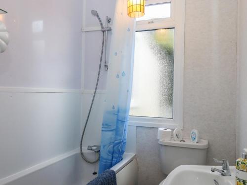 a bathroom with a shower with a blue shower curtain at Highdown in Bigbury on Sea