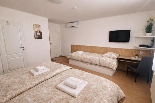 a bedroom with two beds and a desk and a television at Penzion Lea in Diakovce