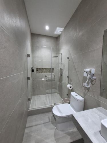 a bathroom with a shower and a toilet and a sink at Posada Itza Peten in Santa Elena