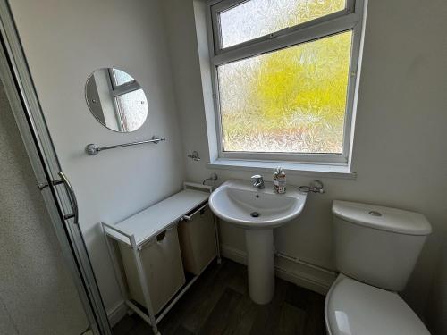 a bathroom with a sink and a toilet and a window at Tranquil Hideaway with Hot Tub and Pool Table in Cardiff