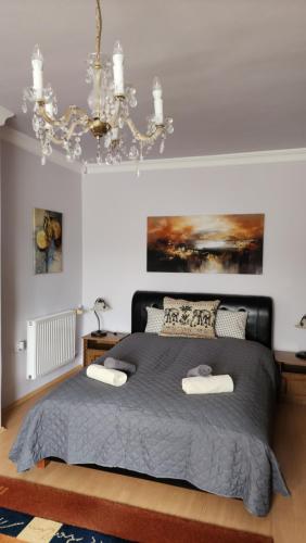 a bedroom with a bed with two pillows and a chandelier at Szigetköz Győrzámoly Apartman in Győrzámoly