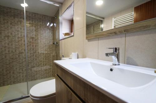 a bathroom with a sink and a toilet and a mirror at Casa da Madrinha - Paredes de Coura in Paredes de Coura