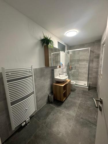 a bathroom with a sink and a shower at Gästehaus GAP in Dietlingen