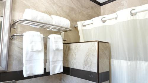 a bathroom with white towels and a mirror at The Palm Rose in West Palm Beach