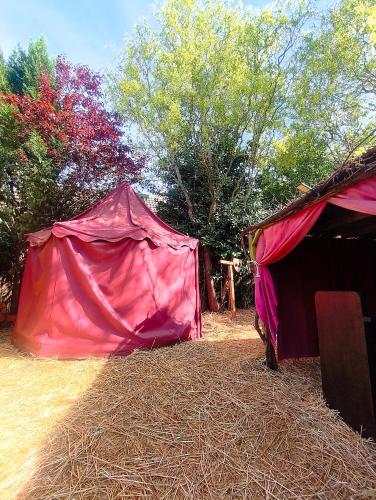 a red tent sitting on top of hay at Le Camp du Chevalier, hébergement insolite près du zoo de Beauval et des châteaux de la Loire in Valençay