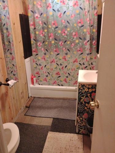 a bathroom with a shower curtain with flowers on it at Grateful Hemphill in Atlanta