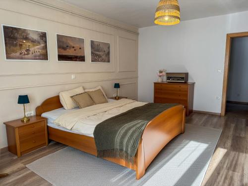 a bedroom with a large bed and two night stands at Hiša Štanfl in Osilnica