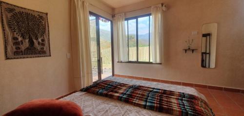 a bedroom with a bed and a large window at Casa Catonalco in Xalmolonco