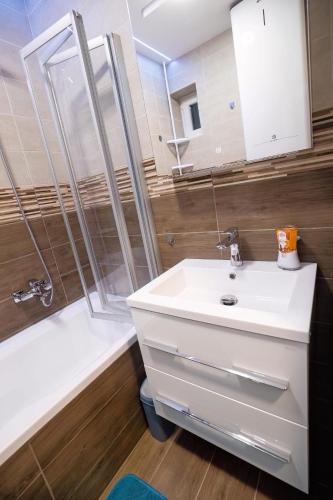 a bathroom with a sink and a shower at Tarján Gyöngye in Salgótarján