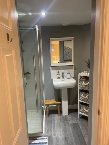 a bathroom with a sink and a shower at Trailside in Headingley in Leeds