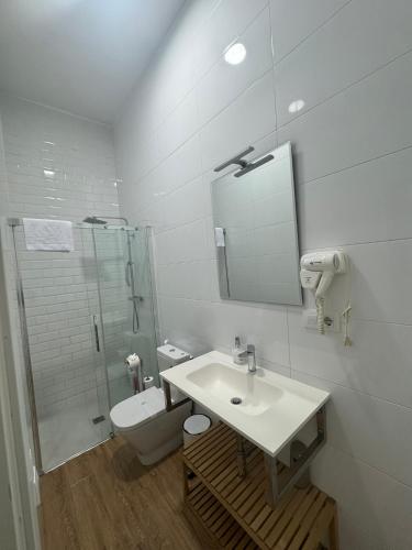 a bathroom with a sink and a toilet and a mirror at Apartamentos Sal de Luna in Toledo
