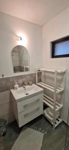 a bathroom with a sink and a mirror at Ostoja pod Orlami in Kołczewo