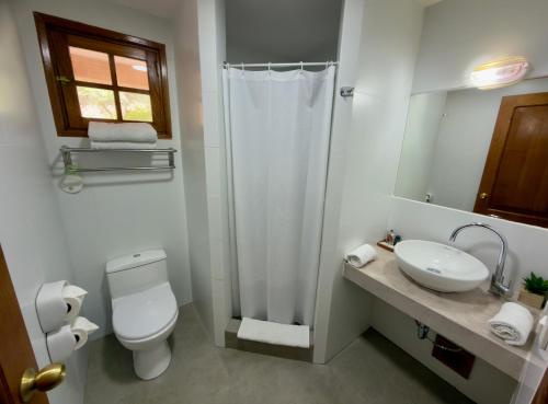 a bathroom with a toilet and a sink and a shower at Tierra Viva Ollantaytambo in Ollantaytambo