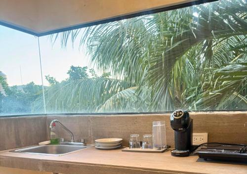 a kitchen counter with a sink and a window at Rico Isla Rooms Eco-Chic in Isla Mujeres