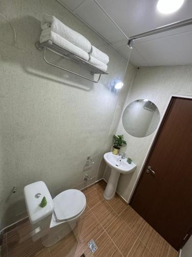 a bathroom with a toilet and a sink at POARTA PADINA, statiunea Pestera-Padina, Bucegi in Moroeni