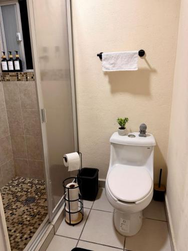 a bathroom with a toilet and a shower at Hermosa casa en Jiutepec in Jiutepec