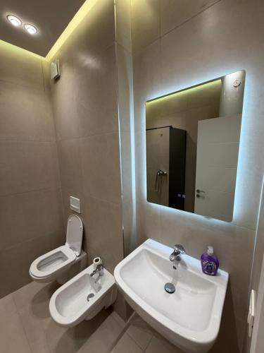 a bathroom with a sink and a toilet and a mirror at Tirana Urban Nest in Tirana