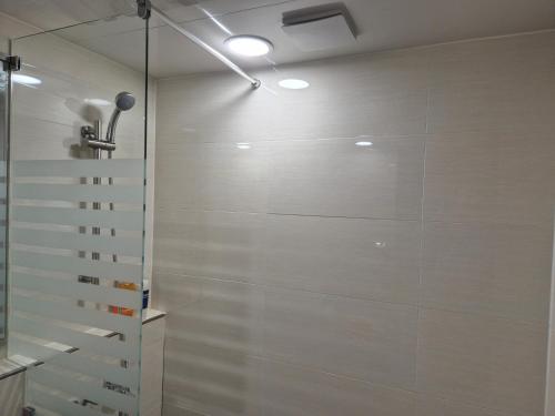 a bathroom with a shower with white walls at 광장관광호텔 in Pusan