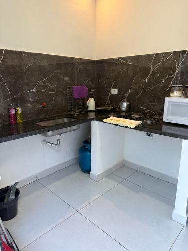 a kitchen with a counter top with a microwave at Pousada brandt Ap 3 in Campo Grande