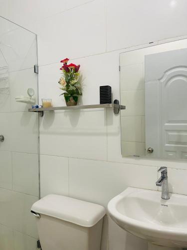 a bathroom with a toilet and a sink and a mirror at Estancia Dulce Hogar, en pedernales in Pedernales