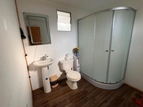 a bathroom with a toilet and a sink and a shower at Hospedaje henua roa 2 in Hanga Roa