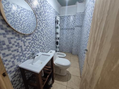 a bathroom with a toilet and a sink and a mirror at Parque de la Juventud in La Rioja