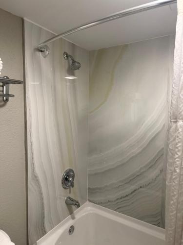 a shower with a glass door in a bathroom at Travelodge by Wyndham Walterboro in Walterboro
