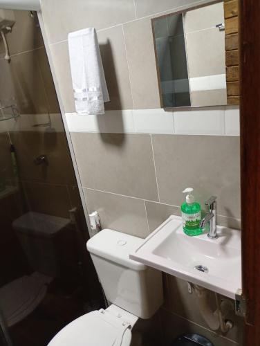 a small bathroom with a toilet and a sink at Chalés FRONT LAKE 1 in Córrego do Bom Jesus