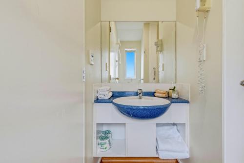 a bathroom with a blue bowl sink and a mirror at Daffodil Apartments in Christchurch