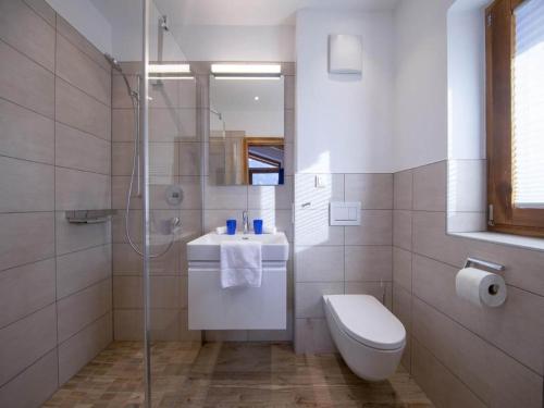 a bathroom with a shower and a toilet and a sink at Alpine Chalet with Ski-In Access in Neukirchen am Großvenediger