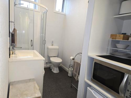 a small bathroom with a toilet and a sink at Masonic Hotel in Palmerston North