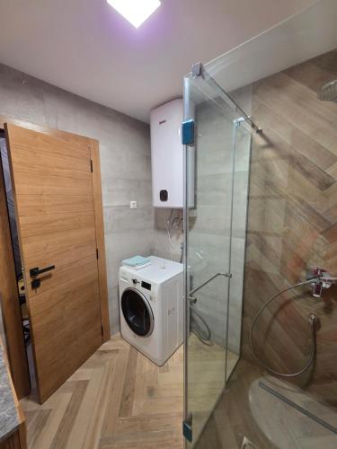 a bathroom with a washing machine and a shower at Arija Luxury Suite in Kolašin