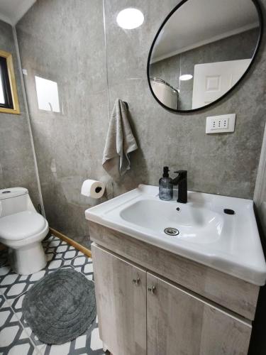 a bathroom with a sink and a mirror and a toilet at Cabañas Lodge el Mauco in Curacaví