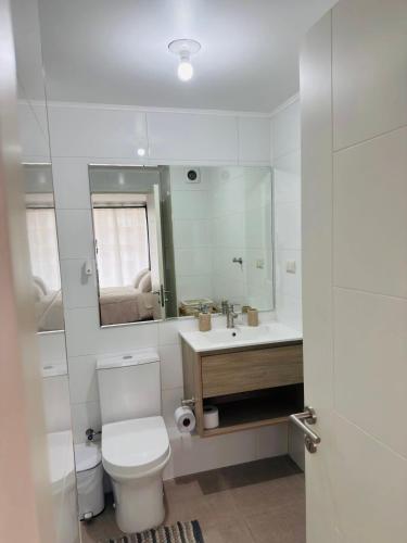 a bathroom with a toilet and a sink and a mirror at Departamento Temuco Centro in Temuco