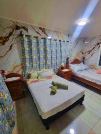 a bedroom with two beds and a wall with a mural at Dream Big Accommodation in Apia