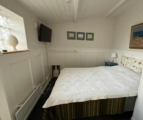 a bedroom with a bed and a television in it at Trädgårdscafé Pedalen B&B in Halmstad